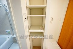 便利な洗面室収納。散らかりがちなバスタオルや清掃用品、化粧品や予備のシャンプー等もきれいに整頓できますね。