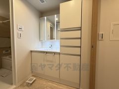 三面鏡裏収納付き洗面化粧台です＾＾ 歯磨きセットやスキンケア用品などの収納に便利ですね。 生活感も隠すことができ、来客時にも安心です。