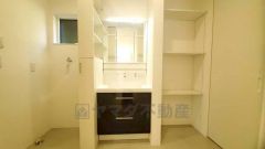 三面鏡つき洗面台。鏡裏にたっぷりとした収納スペースがあります。鏡を閉めてしまえば小物は見えないため、スッキリとした印象の洗面台にできます。