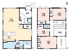 リビングは21帖以上の開放感あふれる空間です。2階は洋室が4部屋あるので、お子様が大きくなっても安心ですね＾＾