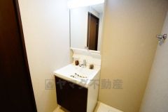 シャワーホース付のシャンプードレッサー。鏡付きで毎朝の支度もはかどります。歯みがきセットや化粧品もきれいに整頓できますよ。