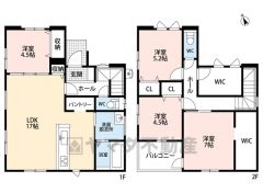 4ＬＤＫとウォークインクローゼットでゆとりのある暮らしが実現。リビングは17帖以上の開放感あふれる空間です。2階は洋室が3部屋あるので、お子様が大きくなっても安心ですね＾＾