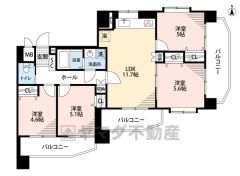 全室バルコニーにつながる間取りでお洗濯物も気持ちよく干せそうです。洋室が4部屋あるので、お子様が大きくなっても安心ですね＾＾