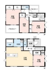 全居室収納付き、パントリー、廊下収納など収納充実。2面バルコニーで光そそぐ空間設計。