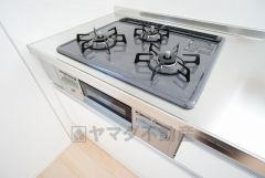 同時にたくさんの料理が調理できる3口コンロ。長時間熱を通しておきたい煮込み料理を作りながら、炒め物など同時進行で進められます。