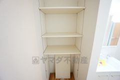 便利な洗面室収納。散らかりがちなバスタオルや清掃用品、化粧品や予備のシャンプー等もきれいに整頓できますね。