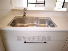 広々としたステンレスシンクには、洗剤やスポンジを収納出来るラック付き。広さも確保しているので、大きなお鍋も洗いやすいです。