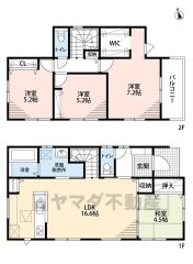 LDKと和室を合わせると21帖の大空間となります。水回りが1ヵ所に集中した家事導線に配慮した間取りです。