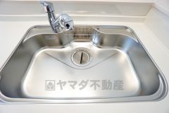 広々としたステンレスシンクには、洗剤やスポンジを収納出来るラック付き。広さも確保しているので、大きなお鍋も洗いやすいです。