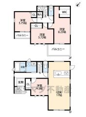 4ＬＤＫとウォークインクローゼットでゆとりのある暮らしが実現。リビングは17帖以上の開放感あふれる空間です。2階は洋室が3部屋あるので、お子様が大きくなっても安心ですね＾＾