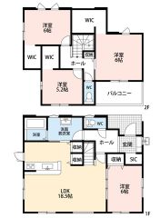 収納力に優れた間取り。2階洋室は全室WIC付き。全居室2面採光の風の通る心地よい家。