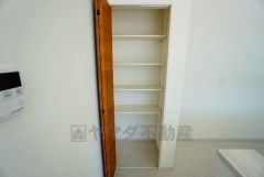 同仕様写真。まとめ買いしてもこの収納量なら心配要らずのパントリー。調理家電や食品のストックをすっきりまとめられ、キッチン周りを広々使えます。