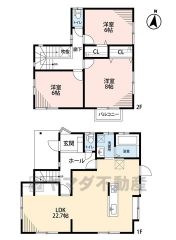 リビングは22帖以上の開放感あふれる空間です。2階は6帖以上の洋室が3部屋あるので、お子様が大きくなっても安心ですね＾＾