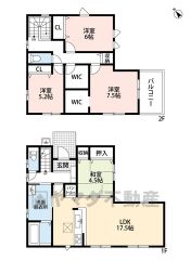 4ＬＤＫとウォークインクローゼットでゆとりのある暮らしが実現。リビングは17.5帖以上の開放感あふれる空間です。2階は洋室が4部屋あるので、お子様が大きくなっても安心ですね＾＾