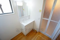 同仕様写真。三面鏡つき洗面台。収納も一体型になっているので、ドライヤーやヘアアイロンの置き場に困りません。