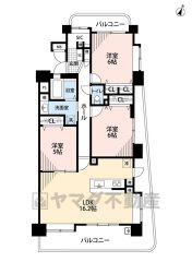 リビングは16.2帖の開放感あふれる空間です。5帖以上の洋室が3部屋付き。角部屋、2面バルコニーで通風良好です。