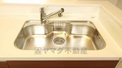 広々としたステンレスシンクには、洗剤やスポンジを収納出来るラック付き。広さも確保しているので、大きなお鍋も洗いやすいです。