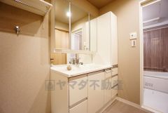 三面鏡つき洗面台。鏡裏にたっぷりとした収納スペースがあります。鏡を閉めてしまえば小物は見えないため、スッキリとした印象の洗面台にできます。