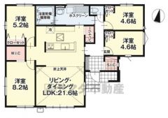 平屋。アイランドキッチンを中心とした21.6帖の広々リビング＾＾水回りが集中した間取り＾＾