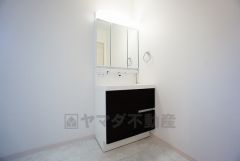 同仕様写真。三面鏡つき洗面台。鏡裏にたっぷりとした収納スペースがあります。鏡を閉めてしまえば小物は見えないため、スッキリとした印象の洗面台にできます。