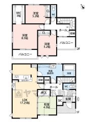4ＬＤＫとウォークインクローゼットでゆとりのある暮らしが実現。リビングは17帖以上の開放感あふれる空間です。2階は洋室が3部屋あるので、お子様が大きくなっても安心ですね＾＾