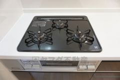 同仕様写真。同時にたくさんの料理が調理できる3口コンロ。長時間熱を通しておきたい煮込み料理を作りながら、炒め物など同時進行で進められます。