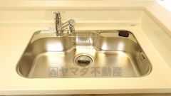 広々としたステンレスシンクには、洗剤やスポンジを収納出来るラック付き。広さも確保しているので、大きなお鍋も洗いやすいです。