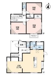 リビングは22帖以上の開放感あふれる空間です。2階は6帖以上の洋室が3部屋あるので、お子様が大きくなっても安心ですね＾＾