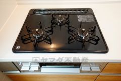 同時にたくさんの料理が調理できる3口コンロ。長時間熱を通しておきたい煮込み料理を作りながら、炒め物など同時進行で進められます。