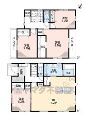 4ＬＤＫとウォークインクローゼットでゆとりのある暮らしが実現。リビングは17帖以上の開放感あふれる空間です。2階は洋室が3部屋あるので、お子様が大きくなっても安心ですね＾＾