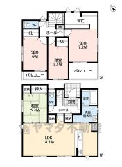 4ＬＤＫとウォークインクローゼットでゆとりのある暮らしが実現。リビングは18帖以上の開放感あふれる空間です。2階は洋室が3部屋あるので、お子様が大きくなっても安心ですね＾＾