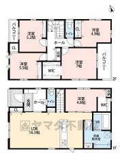 5ＬＤＫとウォークインクローゼットでゆとりのある暮らしが実現。リビングは16.5帖以上の開放感あふれる空間です。2階は洋室が4部屋あるので、お子様が大きくなっても安心ですね＾＾