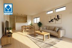 家具はイメージです。対面式キッチンを中心としたリビングダイニング。隣接する和室と合わせると25帖以上の大空間になります。家族みんなで食事をしたり、素敵な団らんの場になりますね。