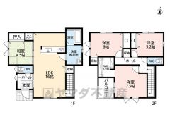 リビングイン階段でご家族が自然に顔を合わせられる間取り。2階は洋室が3部屋あるので、お子様が大きくなっても安心ですね＾＾