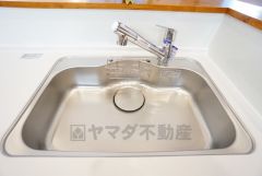 広々としたステンレスシンクには、洗剤やスポンジを収納出来るラック付き。広さも確保しているので、大きなお鍋も洗いやすいです。