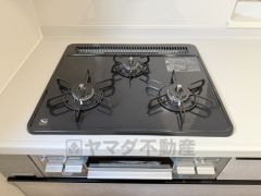 同時にたくさんの料理が調理できる3口コンロ。長時間熱を通しておきたい煮込み料理を作りながら、炒め物など同時進行で進められます。