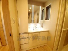 三面鏡つき洗面台。鏡裏にたっぷりとした収納スペースがあります。鏡を閉めてしまえば小物は見えないため、スッキリとした印象の洗面台にできます。