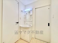 シャワーホース付のシャンプードレッサー。鏡付きで毎朝の支度もはかどります。歯みがきセットや化粧品もきれいに整頓できますよ。
