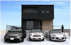 E棟。完成予想図。現況と異なる場合は現況優先となります。 シンプルでいつまでも飽きのこないデザインが周囲の環境に調和し、どんなご家族にもフィットするデザインです。