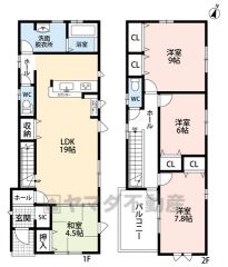 LDKと和室を合わせると23．5帖の大空間となります。シューズインクローゼットと広いバルコニー有。2階の洋室は全て6帖以上。リビング階段で家族の会話が増えますね。