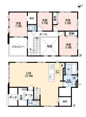 家族が集うリビングは22.3帖の大空間。2階は洋室が4部屋あるので、お子様が大きくなっても安心ですね＾＾