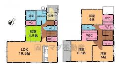 4ＬＤＫとウォークインクローゼットでゆとりのある暮らしが実現。リビングは19.5帖以上の開放感あふれる空間です。2階は洋室が3部屋あるので、お子様が大きくなっても安心ですね＾＾