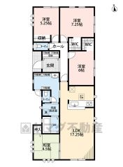 階段昇降がなく、子育てや介護がしやすい平屋＾＾水回りが1ヵ所に集中した家事導線に配慮した間取りです。