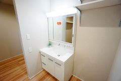 収納が隠れて使いやすい、シャワー付き三面鏡洗面ドレッサーです。朝の準備もぬかりなくできます。玄関横にあるので、帰宅後すぐ手洗いができます＾＾