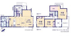 リビングは23.4帖以上の開放感あふれる空間です。洗面所とキッチンが接しているウォークスルー設計になっています。家事動線が近いのはとても便利です。