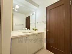 三面鏡裏収納付き洗面化粧台です＾＾ 歯磨きセットやスキンケア用品などの収納に便利ですね。 生活感も隠すことができ、来客時にも安心です。