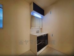 三面鏡つき洗面台。鏡裏にたっぷりとした収納スペースがあります。鏡を閉めてしまえば小物は見えないため、スッキリとした印象の洗面台にできます。