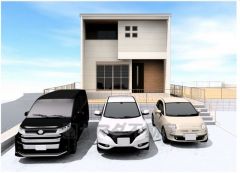 W棟。完成予想図。現況と異なる場合は現況優先となります。 シンプルでいつまでも飽きのこないデザインが周囲の環境に調和し、どんなご家族にもフィットするデザインです。