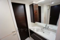 三面鏡つき洗面台。鏡裏にたっぷりとした収納スペースがあります。鏡を閉めてしまえば小物は見えないため、スッキリとした印象の洗面台にできます。