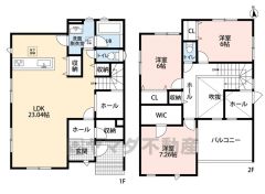 LDKだけで23帖とゆったり広々、2面採光で陽光あふれる明るい空間です。上部には暮らしにゆとりと安らぎを与える開放感いっぱいの吹き抜け。家族とコミュニケーションを取りやすいリビングイン階段採用。